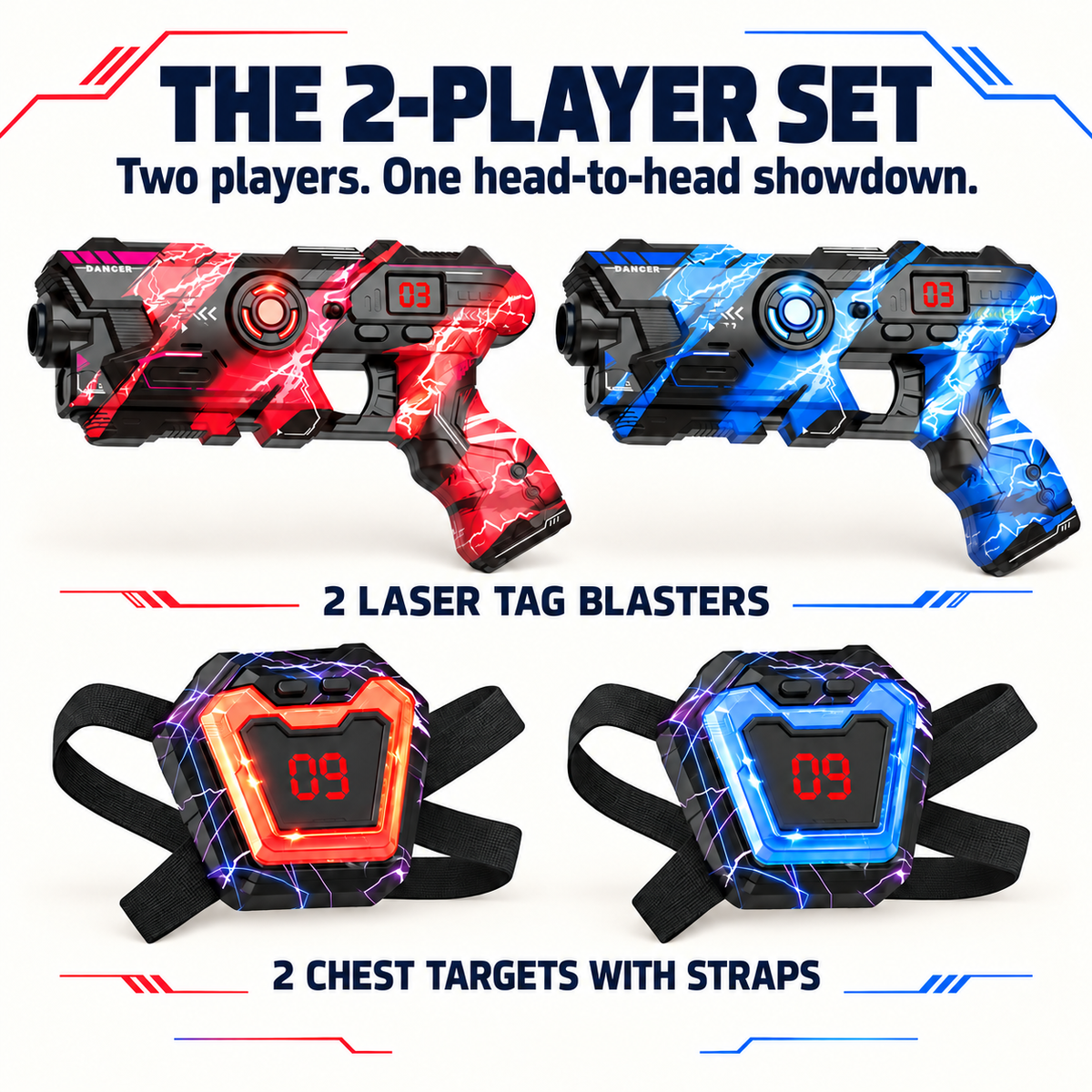 Two-player set contents: two blasters and two chest targets with straps