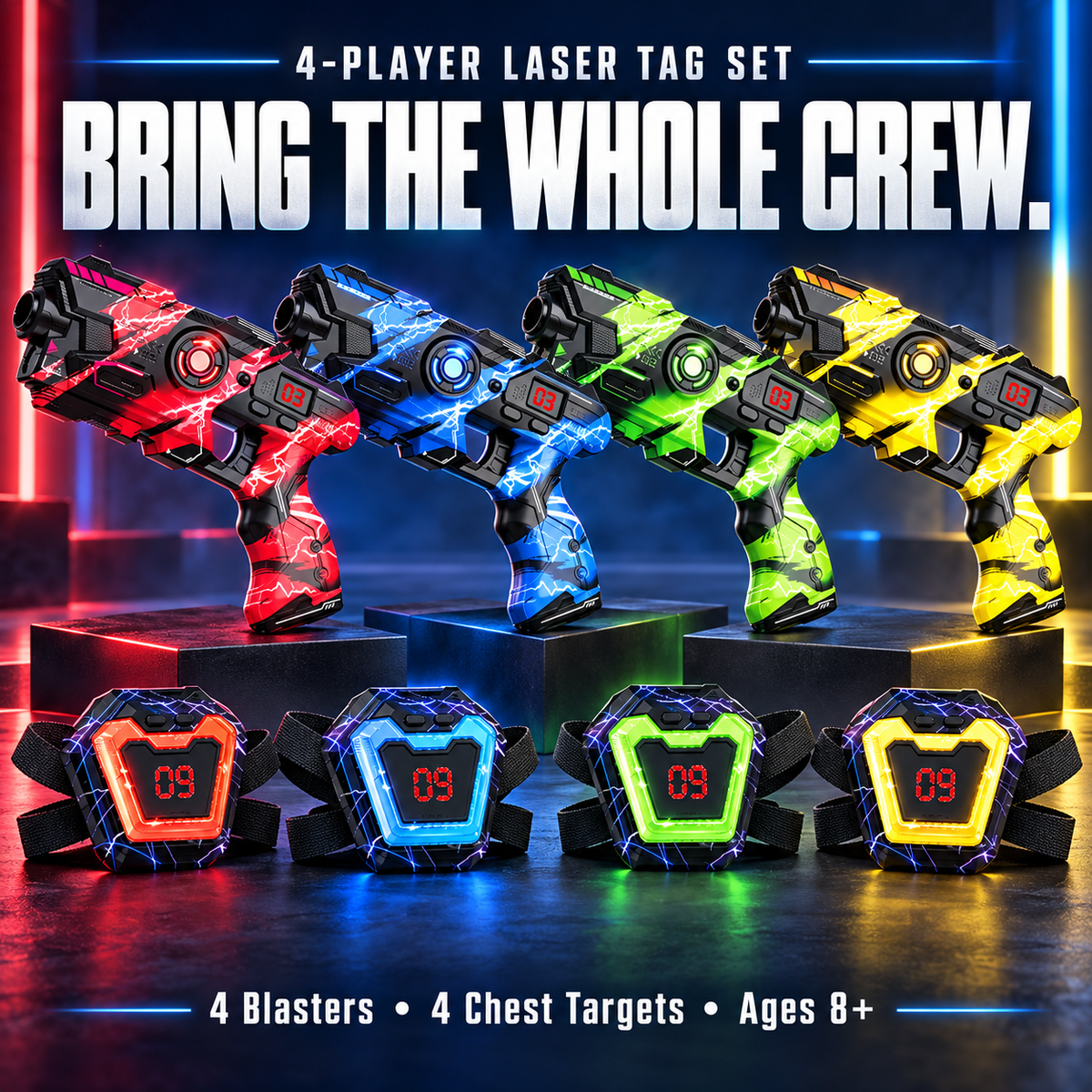 Four-player laser tag set: four blasters and four chest targets