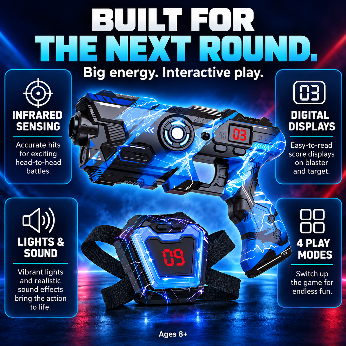 Infrared sensing, digital displays, lights and sound, four play modes